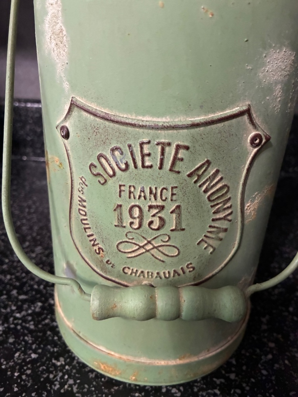 Vintage Green Metal Canister with Rustic French Emblem 13.5” x 5” - Picture 2 of 9